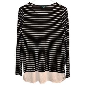 Ralph Lauren Black Ivory Striped Long Sleeve Top Size M Fluid Like Fabric